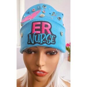 ER Nurse Beanie Blue design with Logo, Blue, Pink, Black and Clear rhinestones